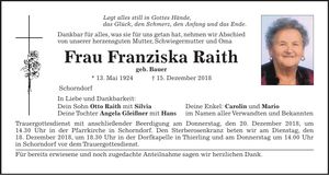 Traueranzeige Franziska Raith