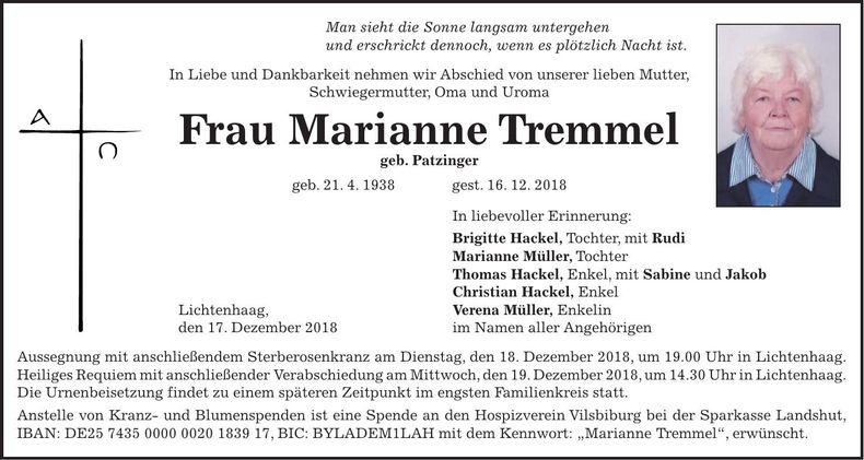 Traueranzeige Marianne Tremmel