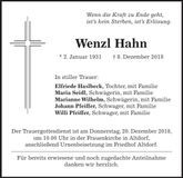 Traueranzeige Wenzl Hahn