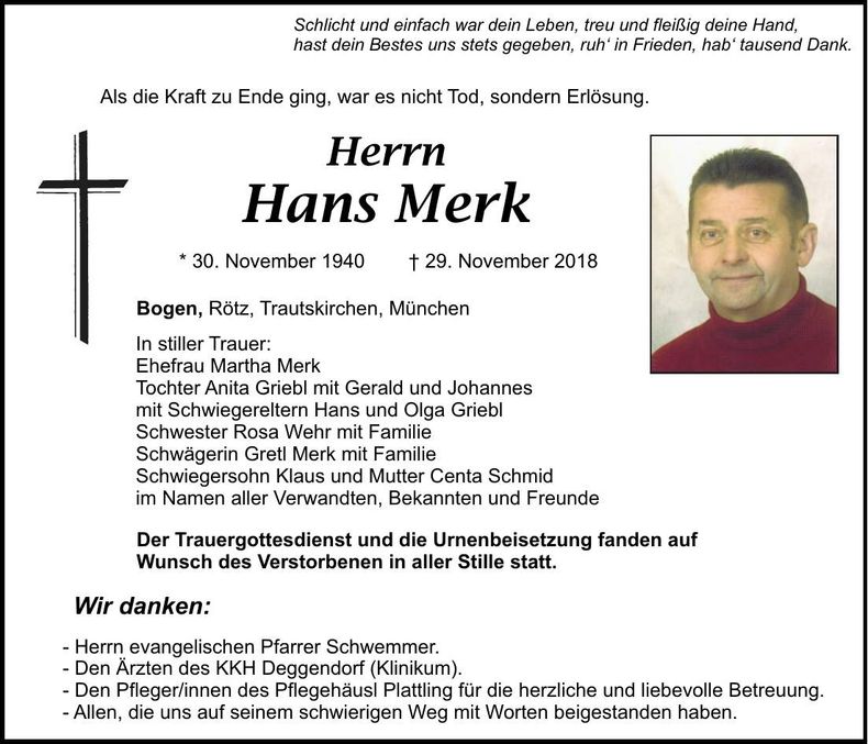 Traueranzeige Hans Merk