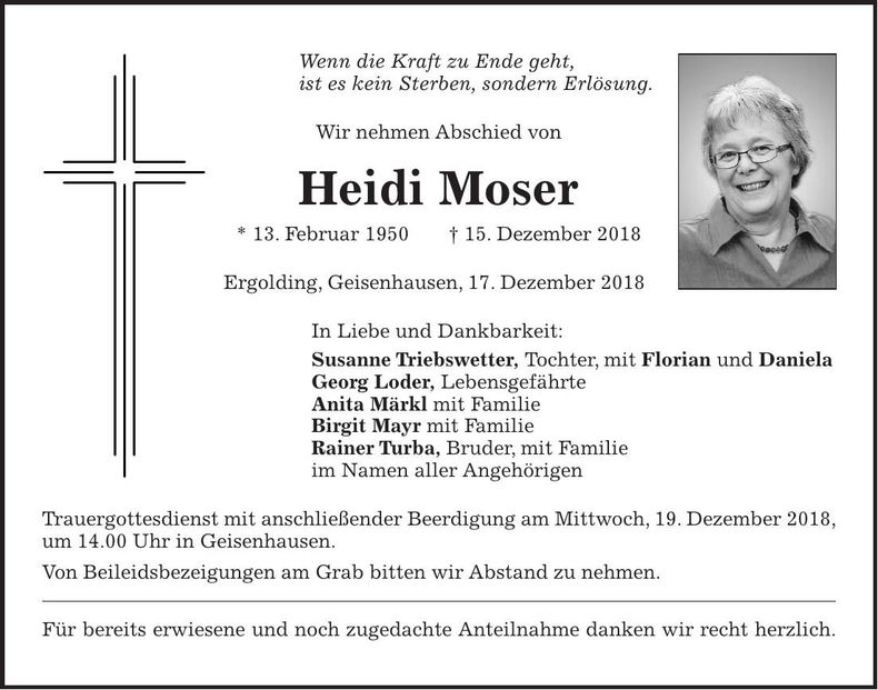Traueranzeige Heidi Moser