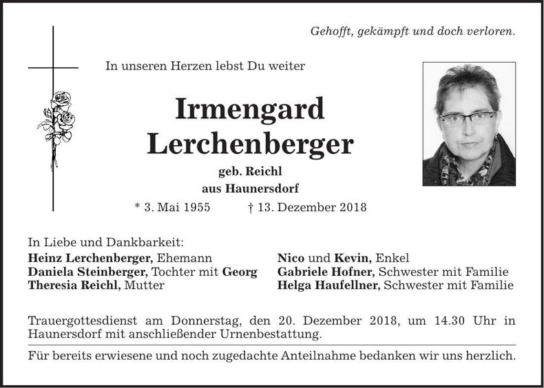 Traueranzeige Irmengard Lerchenberger