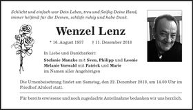 Traueranzeige Lenz Wenzel