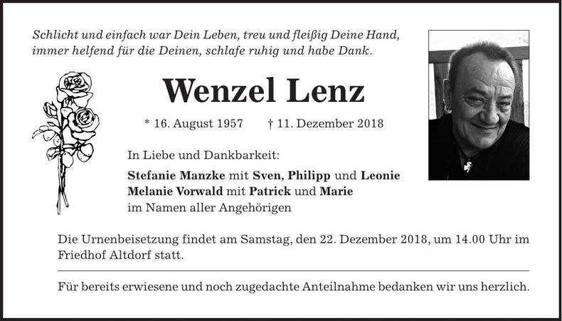 Traueranzeige Lenz Wenzel