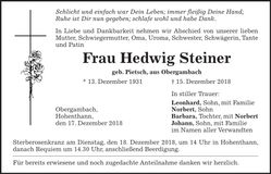 Traueranzeige Hedwig Steiner