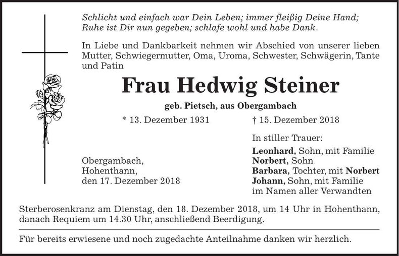 Traueranzeige Hedwig Steiner