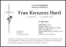 Traueranzeige Kreszenz Hartl