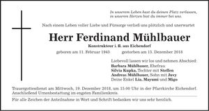 Traueranzeige Ferdinand Mühlbauer