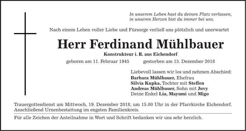 Traueranzeige Ferdinand Mühlbauer