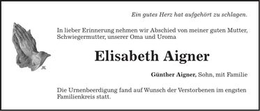 Traueranzeige Elisabeth Aigner