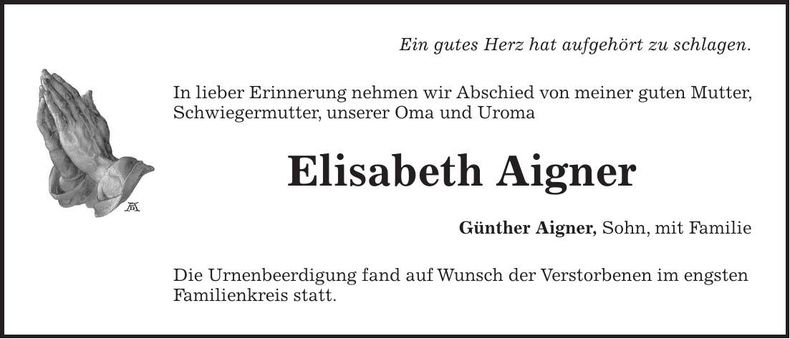Traueranzeige Elisabeth Aigner