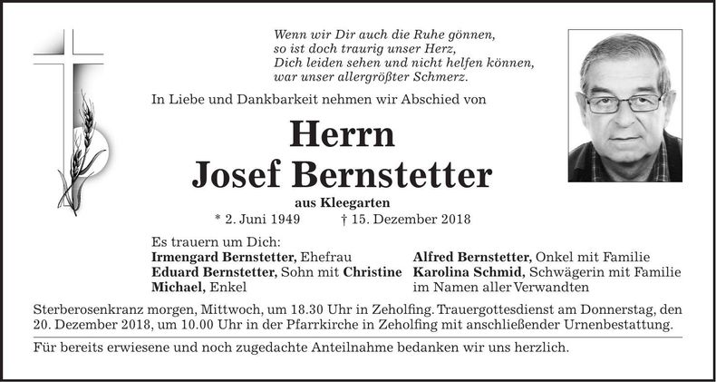 Traueranzeige Josef Bernstetter