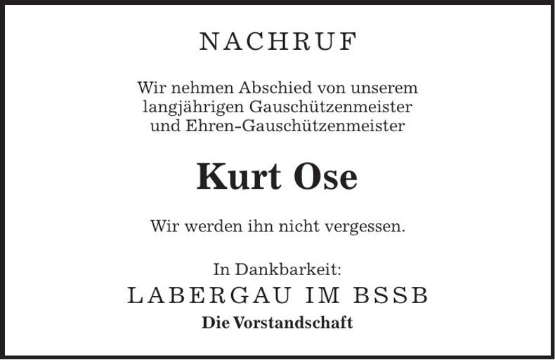Traueranzeige Kurt Ose