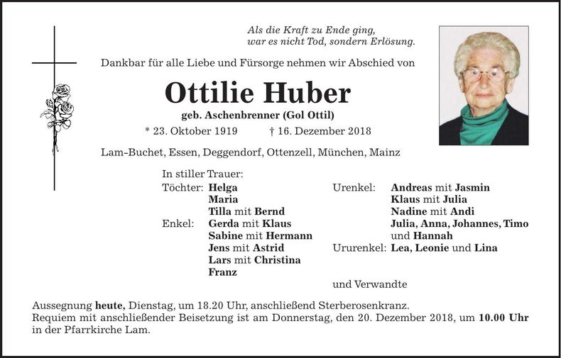 Traueranzeige Ottilie Huber