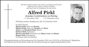Traueranzeige Alfred Pirkl