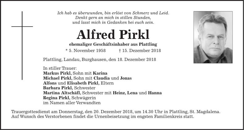 Traueranzeige Alfred Pirkl