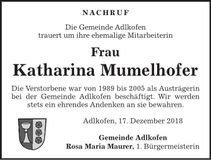 Traueranzeige Katharina Mumelhofer