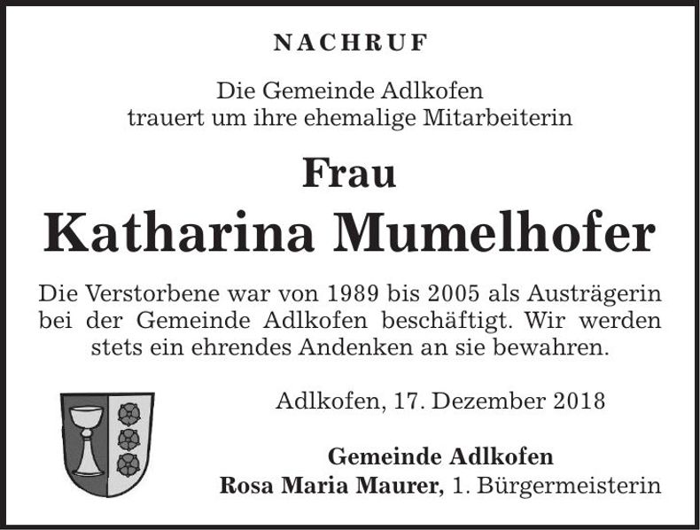 Traueranzeige Katharina Mumelhofer