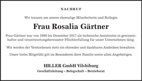 Traueranzeige Rosalia Gärtner