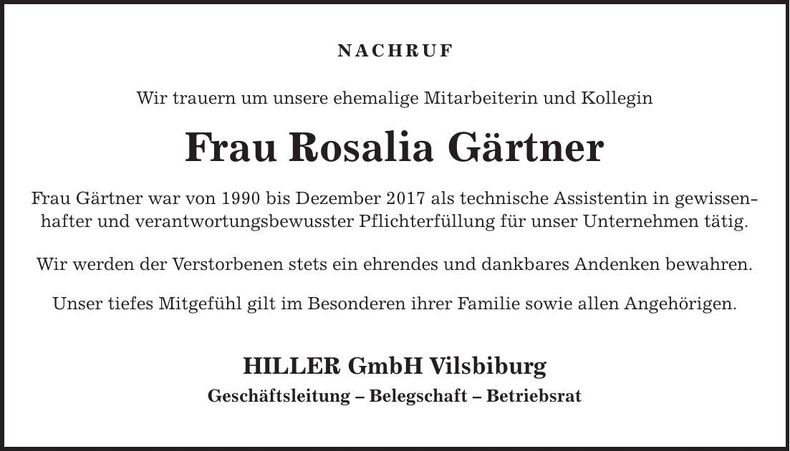 Traueranzeige Rosalia Gärtner
