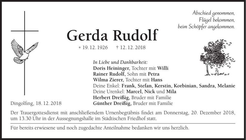 Traueranzeige Gerda Rudolf
