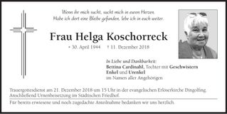 Traueranzeige Helga Koschorreck