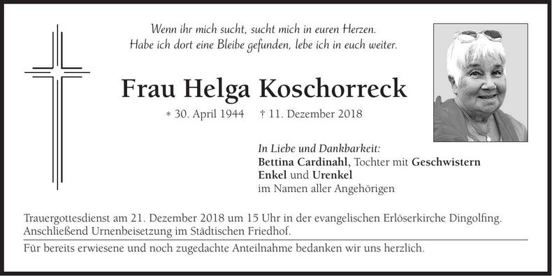 Traueranzeige Helga Koschorreck