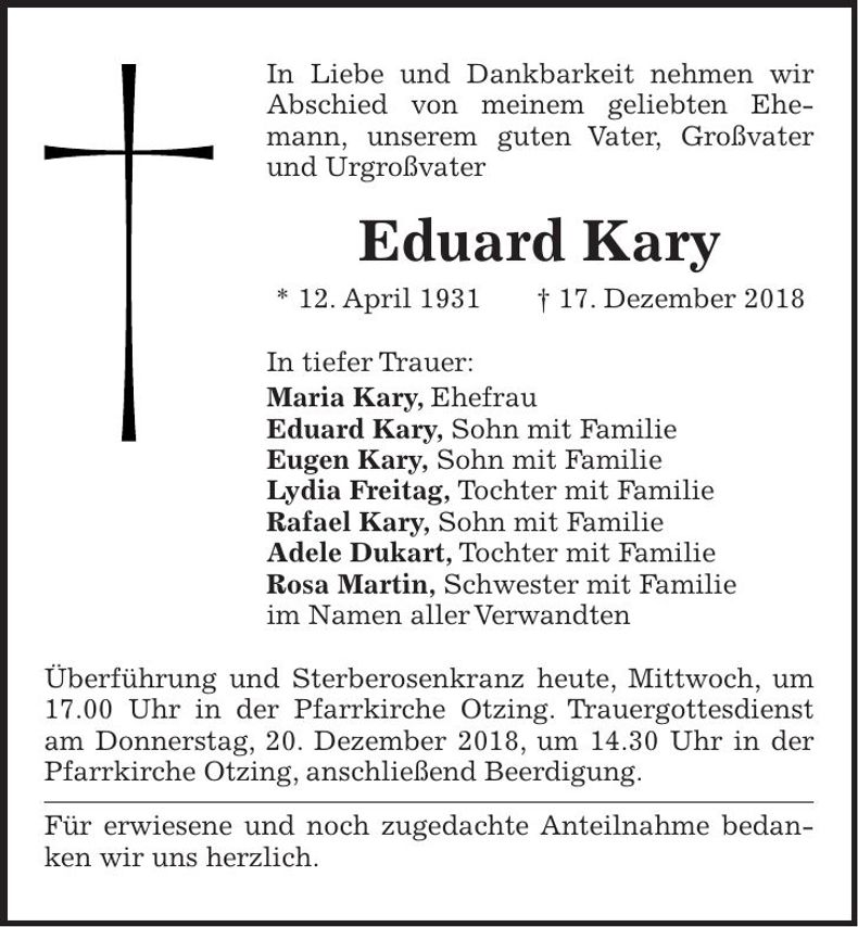Traueranzeige Eduard Kary