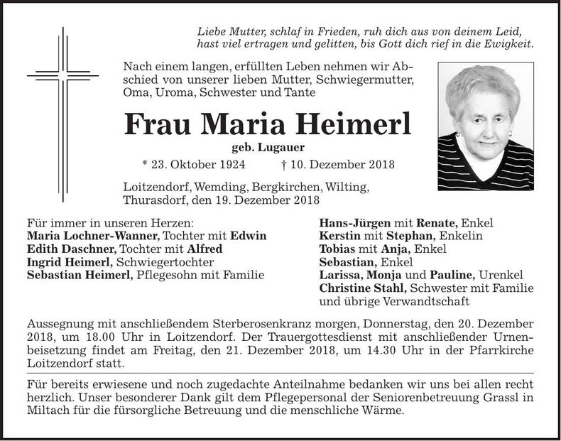 Traueranzeige Maria Heimerl