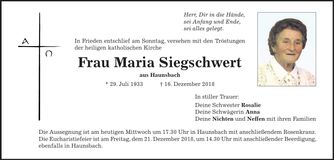 Traueranzeige Maria Siegschwert