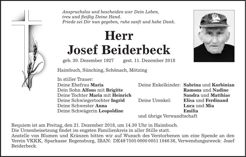 Traueranzeige Josef Beiderbeck