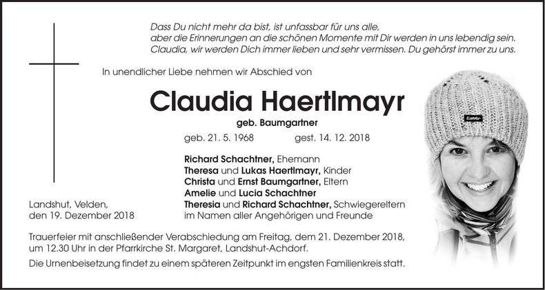 Traueranzeige Claudia Haertlmayr