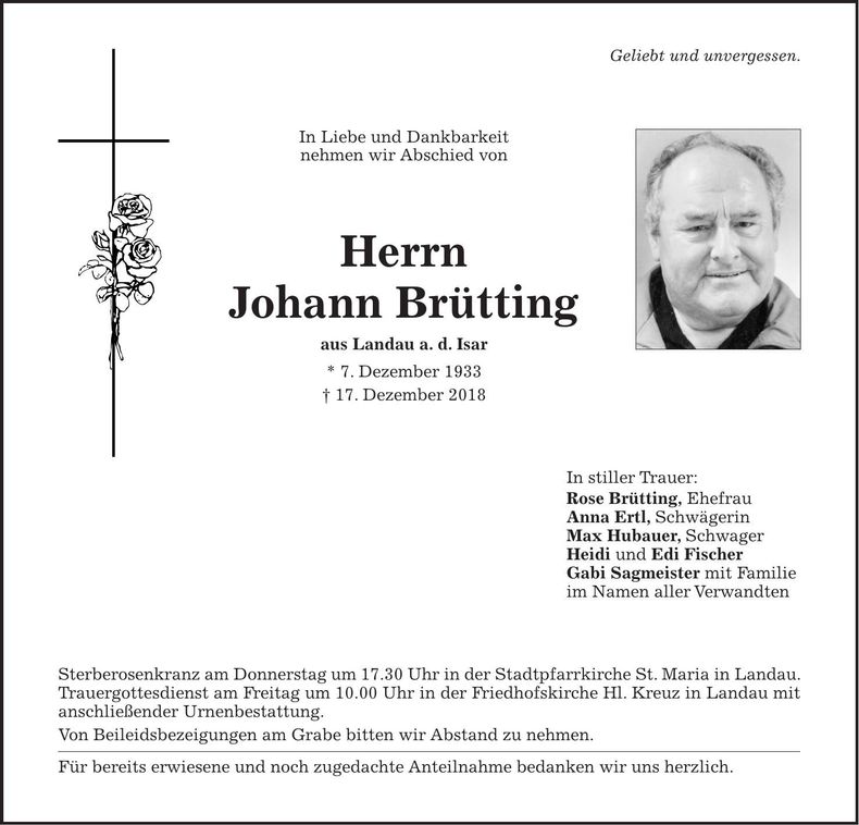 Traueranzeige Johann Brütting