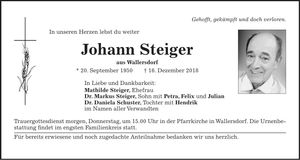 Traueranzeige Johann Steiger