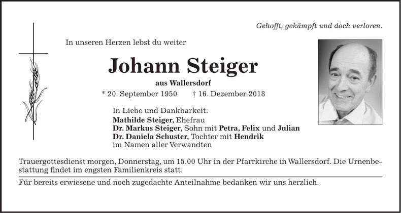 Traueranzeige Johann Steiger