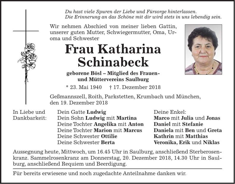 Traueranzeige Katharina Schinabeck