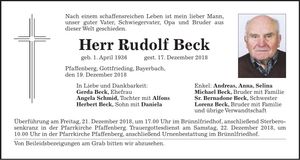 Traueranzeige Rudolf Beck