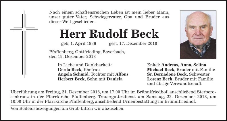 Traueranzeige Rudolf Beck