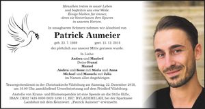 Traueranzeige Patrick Aumeier
