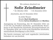 Traueranzeige Sofie Zeindlmeier