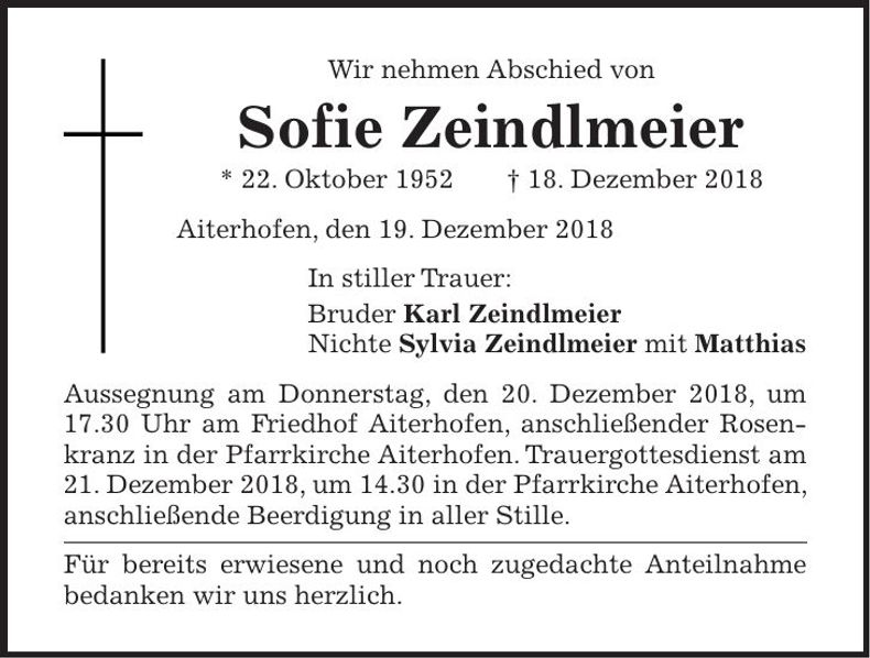 Traueranzeige Sofie Zeindlmeier