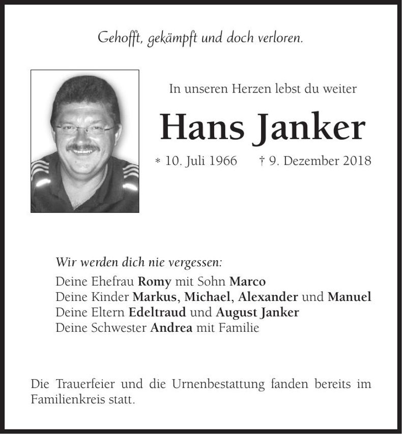 Traueranzeige Hans Janker