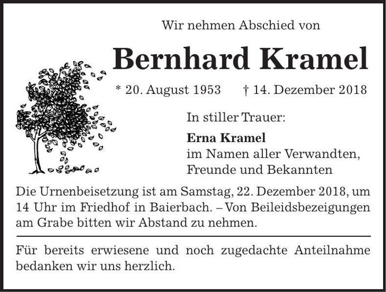 Traueranzeige Bernhard Kramel