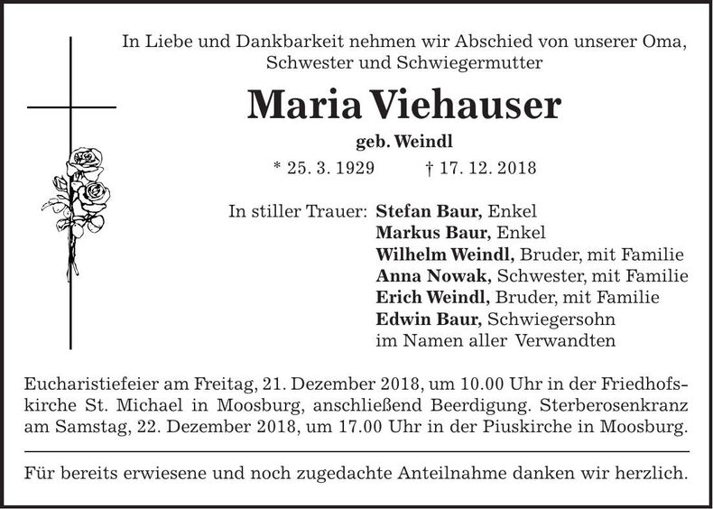 Traueranzeige Maria Viehauser
