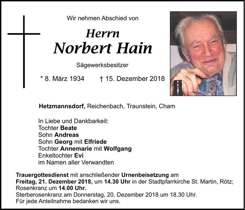 Traueranzeige Norbert Hain