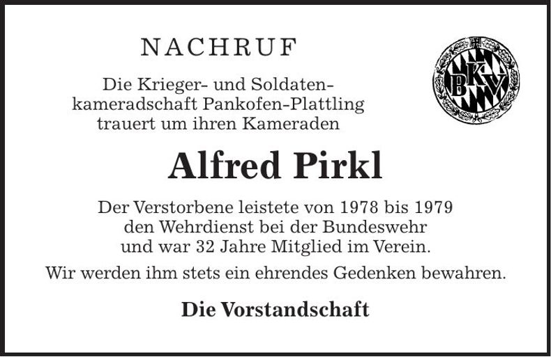 Traueranzeige Alfred Pirkl
