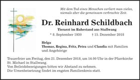 Traueranzeige Reinhard Schildbach