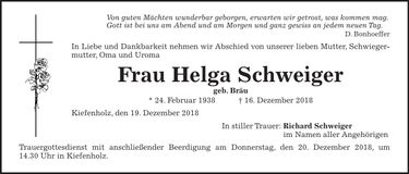 Traueranzeige Helga Schweiger
