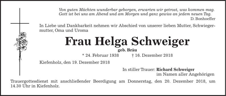 Traueranzeige Helga Schweiger