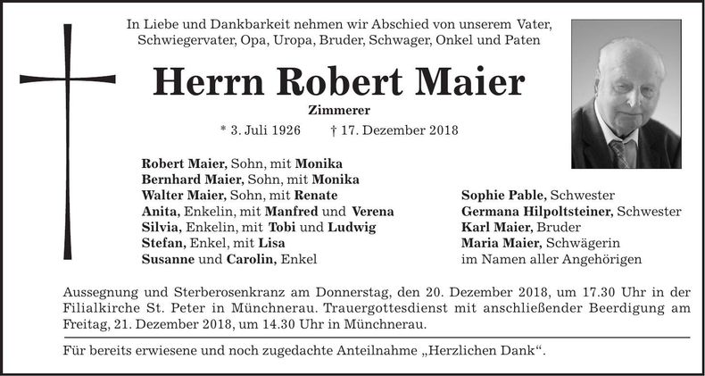 Traueranzeige Robert Maier